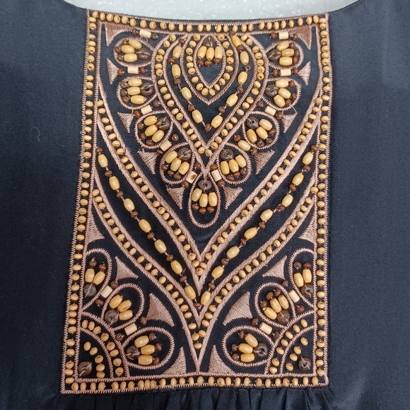 Bob Mackie 100% Silk Wooden Beaded Embellished Neck Aztec Boho XS Blouse - Picture 10 of 13